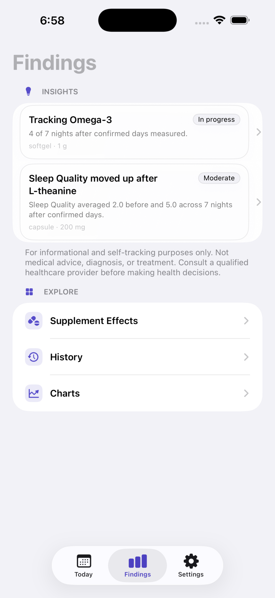 Traceline Findings showing an Omega-3 trial in progress and a completed L-theanine sleep result.