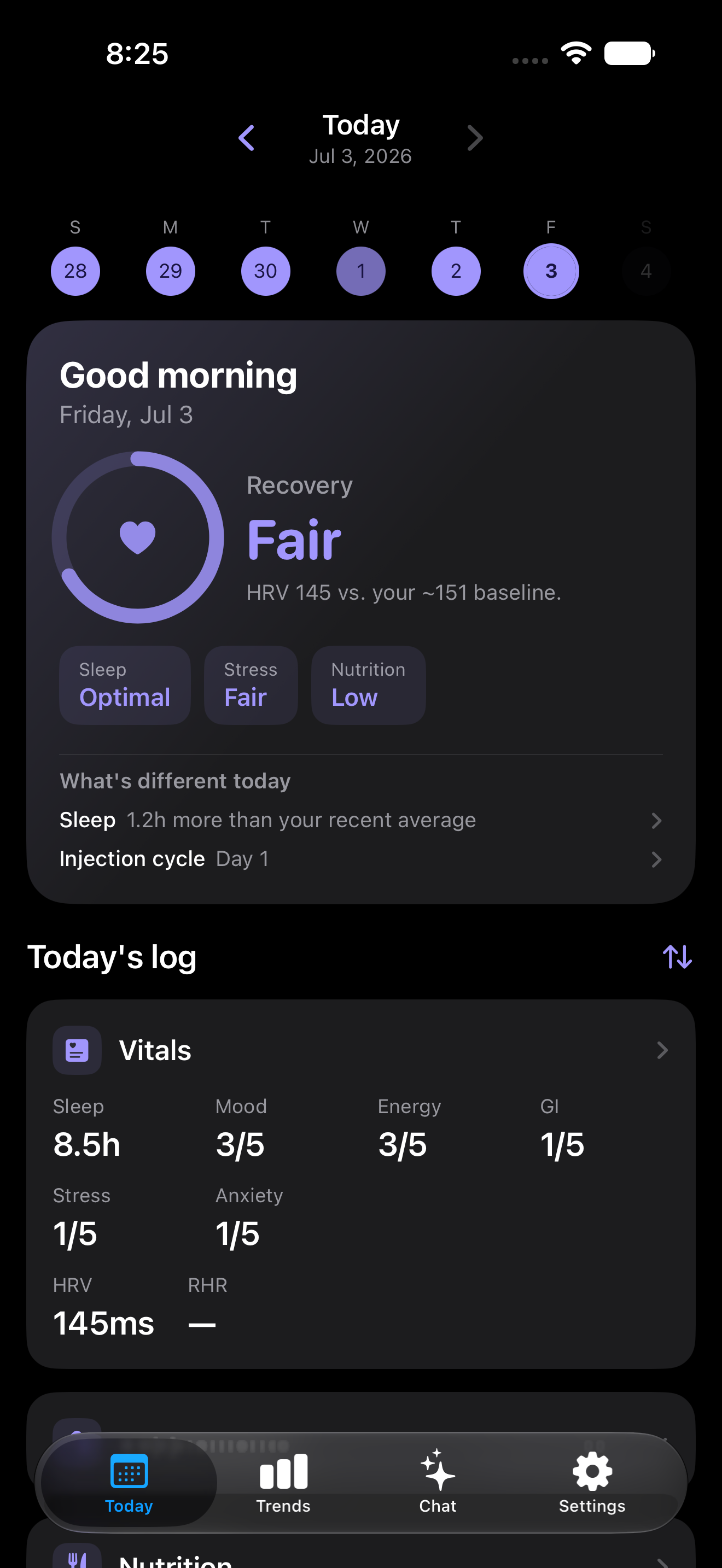 The Traceline Today screen: your day's readiness score and what's different today.